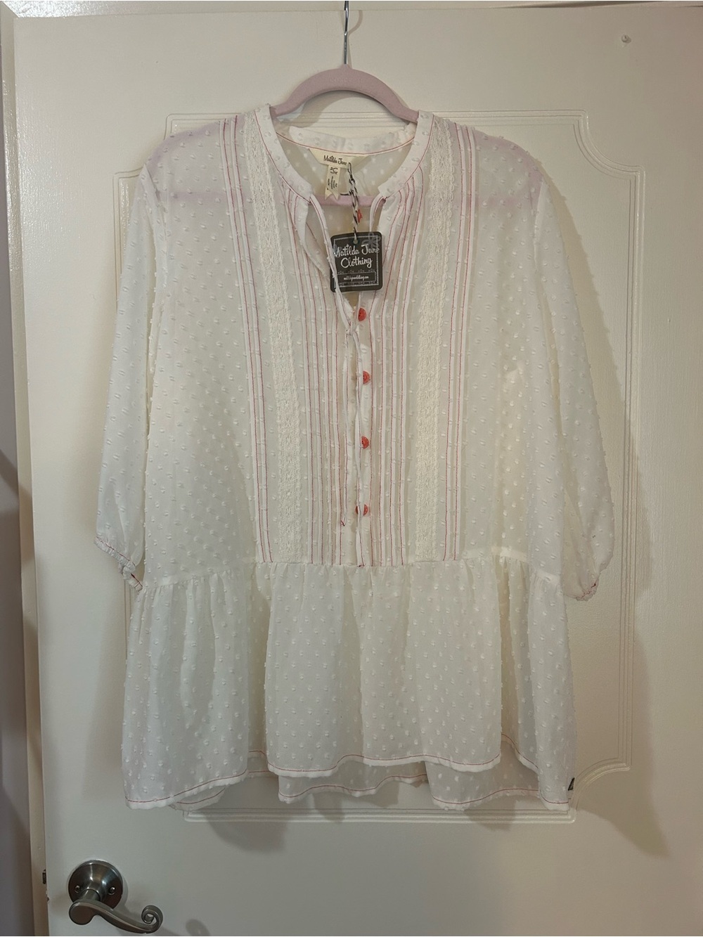 Matilda Jane Boho Swiss Dot Peplum Blouse - off-white with coral trim
